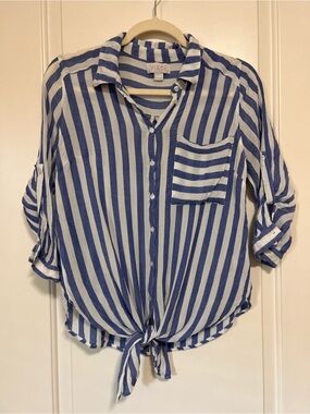🌊🐬Vixbe Blue⚓️White Striped Tie-Front Button Up Shirt🐬🌊